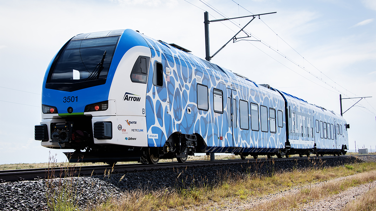 SBCTA’s first ZEMU train (pictured) arrived in the U.S. in September and is being tested at the DOT Transportation Technology Center in Pueblo, Colo. (ENSCO Photograph). The agency recently awarded a contract for a hydrogen storage and transfer system that will be used to fuel the ZEMU. (ENSCO Photograph)