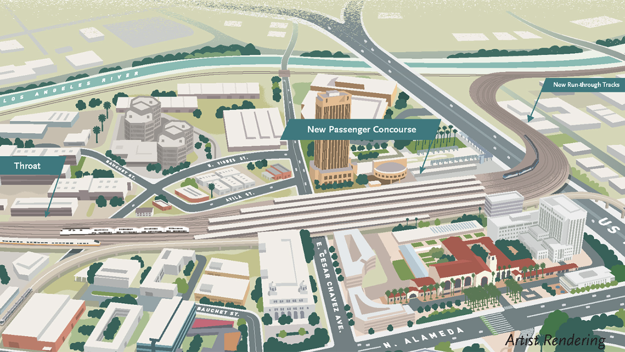 The Los Angeles Union Station modernization project’s major components include new lead tracks, elevated rail yard and platforms; new concourse-related improvements, including new escalators, elevators and canopies; new run-through tracks south of the station over U.S.-101; accommodation of the planned California high-speed rail system; new rail communications, signals and safety improvements; and off-site improvements to the BNSF Malabar Yard. (Image Courtesy of LACMTA)