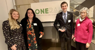 Pictured at the OneRail awards ceremony, left to right: OneRail Deputy Director Liz Hill; OneRail Director Devon Barnhart; award winner Kyle Fields, Counsel for the Senate’s Surface Transportation, Maritime, Freight, and Ports Subcommittee; and Anne Canby, former OneRail leader. Award winner Arielle Giordano of Canadian Pacific Kansas City was unable to attend the event. (OneRail Photograph)
