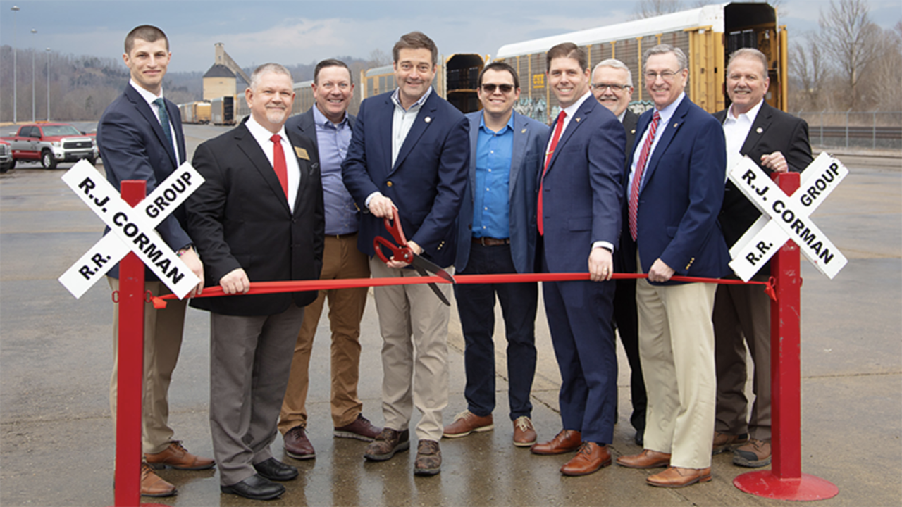 From left to right: Congresswoman Carol Miller’s Veterans Affairs Liaison Cody Sanders; Wayne County Commission President Jeff Maddox; R. J. Corman Railroad Group Vice President Commercial Development Michael Robinson; R. J. Corman Railroad Group President and CEO Ed Quinn; Wayne County Commissioner Robert Thompson; Wayne County Commissioner Travis Thompson; Delegate Mark Ross; West Virginia State Senator Robert Plymale; and R. J. Corman Railroad Group AVP Commercial Development Greg Miller. (Caption and Photograph Courtesy of R.J. Corman)