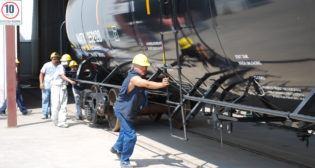 A finished tank car emerges from Greenbrier’s Concarril assembly plant in Sahagún, Mexico. (William C. Vantuono Photograph)