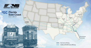 Map of Norfolk Southern and Florida East Coast Railway’s domestic and international intermodal service offerings. (Courtesy of NS)