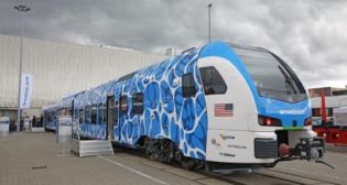 The first Stadler hydrogen powered train for San Bernardino was on display at the outside track area.