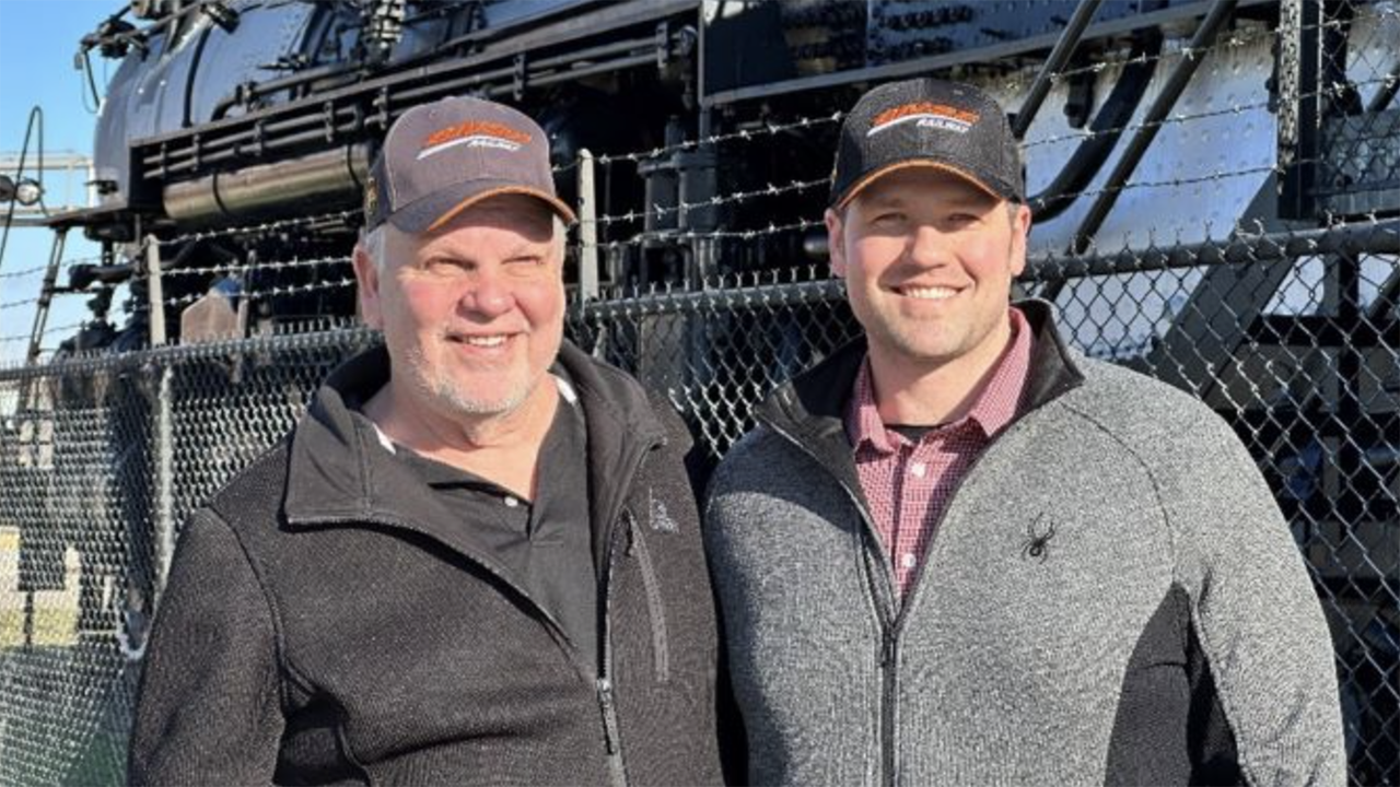 Tim Worrell, right, with his father, Ken Worrell, locomotive engineer. (Photograph Courtesy of BNSF)