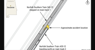 Figure 1. Diagram of the Dec. 13, 2022, accident scene in which a Norfolk Southern employee was killed and another injured when a locomotive struck steel protruding from a gondola car on a stationary train near Bessemer, Ala. (NTSB Image)