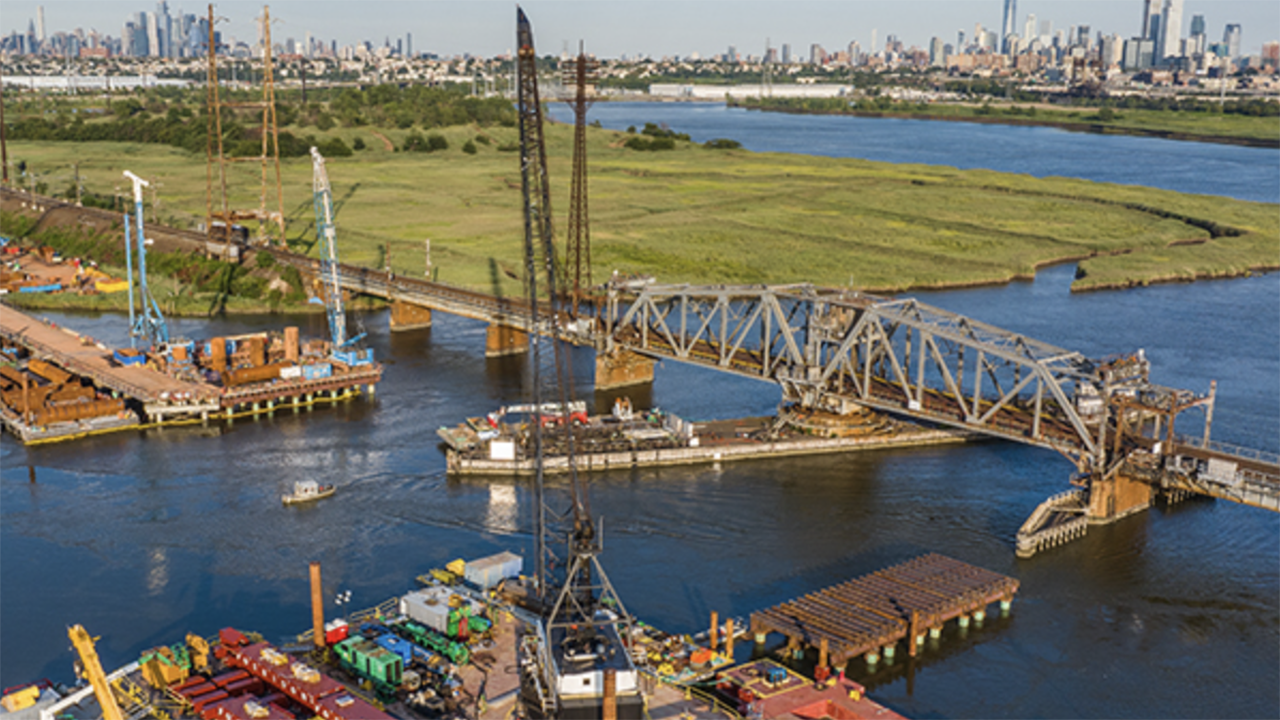 The Portal North Bridge crossing the Hackensack River in the New Jersey Meadowlands is 50% complete, NJT and Amtrak reported May 13. (Photo Credit: Amtrak/Marc Glucksman and William Kyle Anderson)