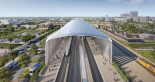 High-speed rail station design is moving forward in Central Valley, Calif.—with community engagement and input helping lead the design process. The CHSRA recently held four open houses, releasing station designs, including this one (pictured) in Fresno. (CHSRA Rendering)