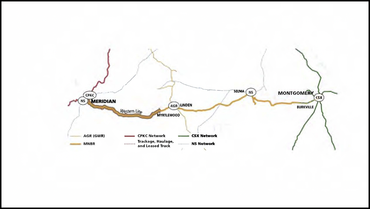 This map shows the lines of Genesee & Wyoming-owned Meridian & Bigbee Railroad (MNBR) in relation to other rail lines in the territory and the principal geographic points in the region traversed. (Map Courtesy of CPKC)