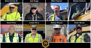 2024 50-year honorees, UP, top row, from left: Dana Carman Sr., locomotive engineer; Jack Dugal, locomotive engineer; Mike Freeman, locomotive engineer; Stanley Grishom, locomotive engineer; bottom row, from left: David Perez, locomotive engineer; Joseph Perry, yardperson; Mickey Richard, flagging foreperson; and Vadim Woods, conductor. (Image Courtesy of UP)