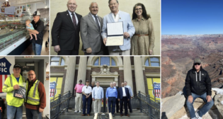 Photographs clockwise from top left, Locomotive Engineer Jack Dugal with his grandson Liam at Union Pacific Family Days; participating in the May 8 50-year honorees ceremony at UP Center are Executive Vice President-Operations Eric Gehringer, CEO Jim Vena, Dugal and President Beth Whited; Dugal at the Grand Canyon; at the Union Pacific Railroad Museum are Dugal and fellow 50-year honorees, from left, Stanley Grishom, Mickey Richard, David Perez, Dugal, Dana Carman Sr., Joseph Perry, Vadim Woods and Mike Freeman; and Dugal with co-worker Tony Peters, yardperson. (Caption and Photographs Courtesy of UP)