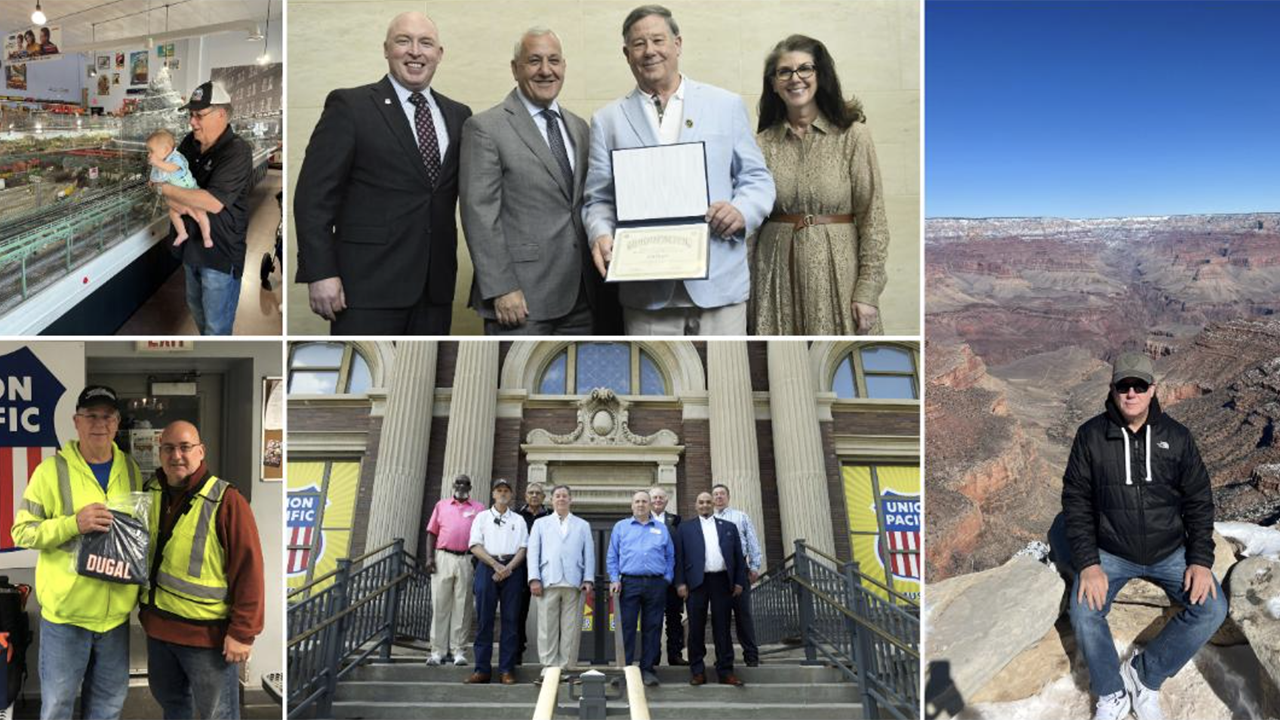 Photographs clockwise from top left, Locomotive Engineer Jack Dugal with his grandson Liam at Union Pacific Family Days; participating in the May 8 50-year honorees ceremony at UP Center are Executive Vice President-Operations Eric Gehringer, CEO Jim Vena, Dugal and President Beth Whited; Dugal at the Grand Canyon; at the Union Pacific Railroad Museum are Dugal and fellow 50-year honorees, from left, Stanley Grishom, Mickey Richard, David Perez, Dugal, Dana Carman Sr., Joseph Perry, Vadim Woods and Mike Freeman; and Dugal with co-worker Tony Peters, yardperson. (Caption and Photographs Courtesy of UP)
