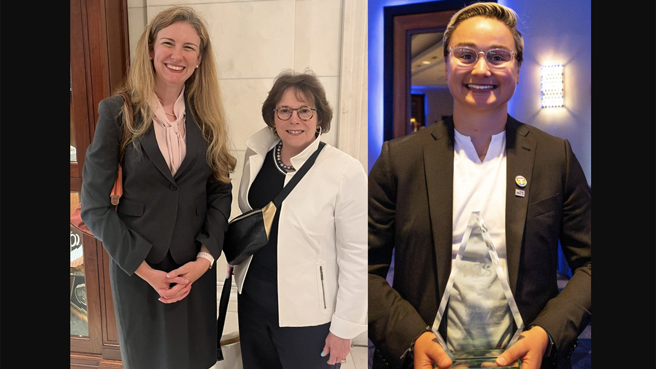 ASLRRA SVP, Law and General Counsel Sarah Yurasko (pictured far left) has been sworn in as a member of the U.S. Supreme Court Bar; she is shown here at the Supreme Court with her sponsoring attorney Susan Warshaw Ebner of ASLRRA member Stinson (ASLRRA Photograph). MBTA Deputy Director of Administration Katie Kalugin (pictured far right) has earned the WTS 2024 Claire Barrett Member of the Year Award. (MBTA Customer and Employee Experience Department Photograph).