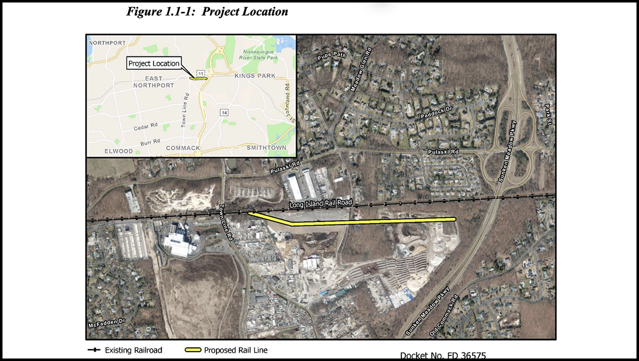 Townline is seeking authorization to construct and operate approximately 5,000 feet of new, common carrier rail line and associated switching and sidetrack in the hamlet of Kings Park, town of Smithtown, N.Y. The proposed line would connect and run parallel to the existing MTA Long Island Railroad main line, and add two daily New York & Atlantic Railway (NYA) trains (one roundtrip) to the LIRR system five days per week. (Map Courtesy of STB)