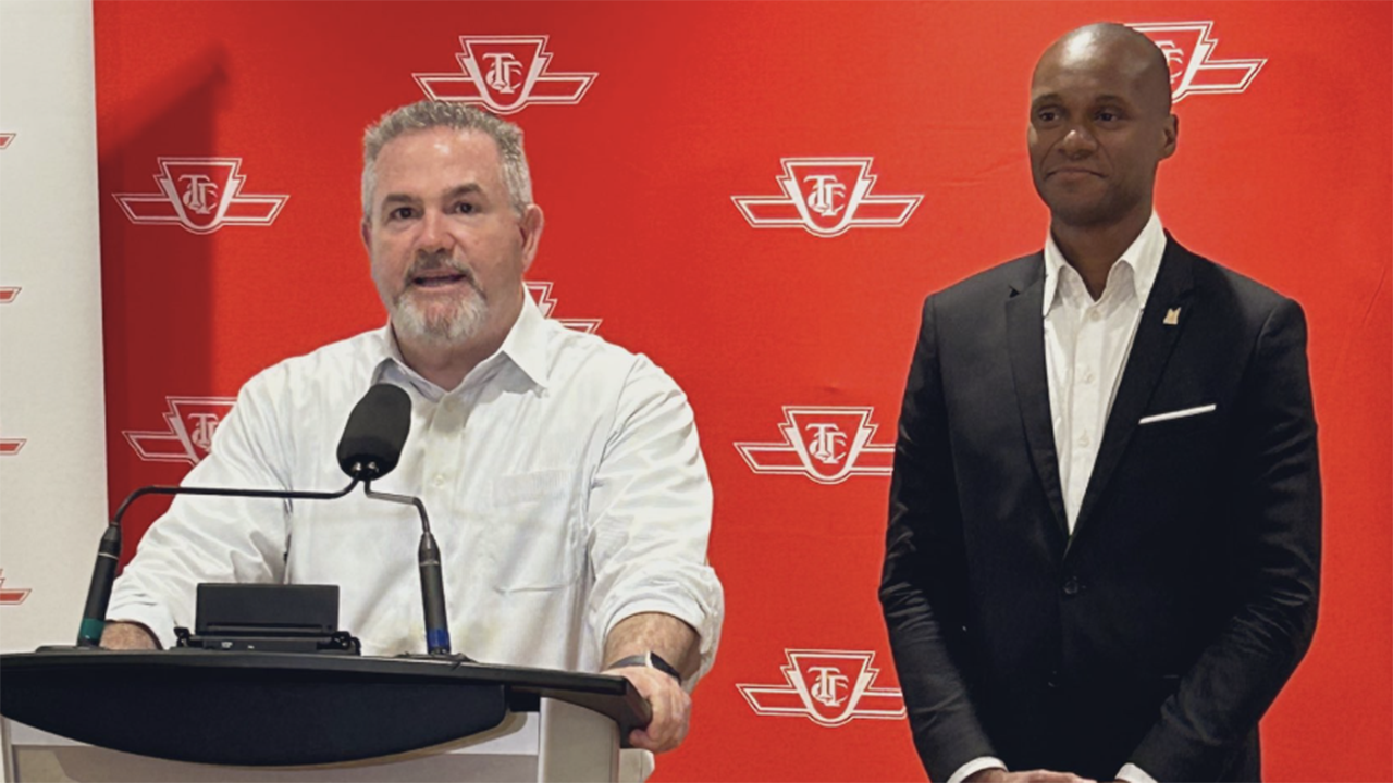 The TTC and ATU Local 113 have reached a tentative agreement that avoids a strike. Pictured during the June 7 announcement: TTC Chair Jamaal Myers (right) and TTC CEO Rick Leary. (TTC Photograph)