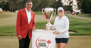Pictured: The 2024 CPKC Women’s Open trophy presentation. According to the railroad, big crowds and memorable performances during the Open helped it to raise C$4.3 million for heart health in Alberta. (CPKC Photograph)