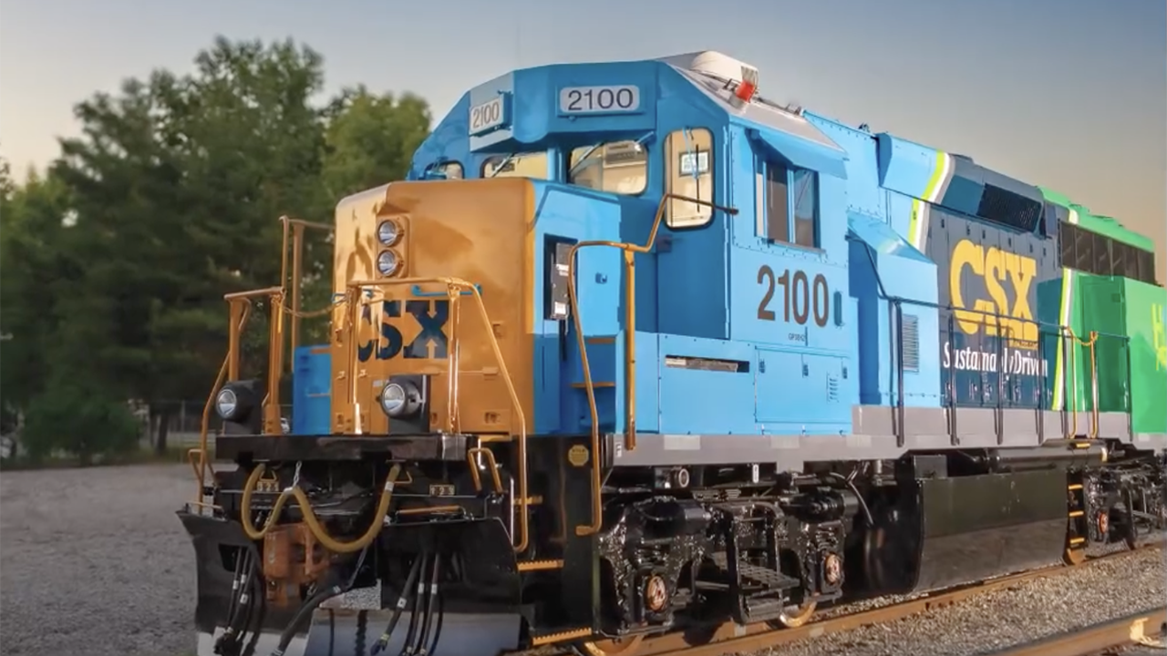 “In 2023, we continued to hone our focus on adopting innovative alternative fuels for decarbonization, including testing biofuels in locomotives and advancing use of hydrogen-powered locomotives [pictured],” CSX reported in its new 90-page ESG report. (Screen grab from CSX video)