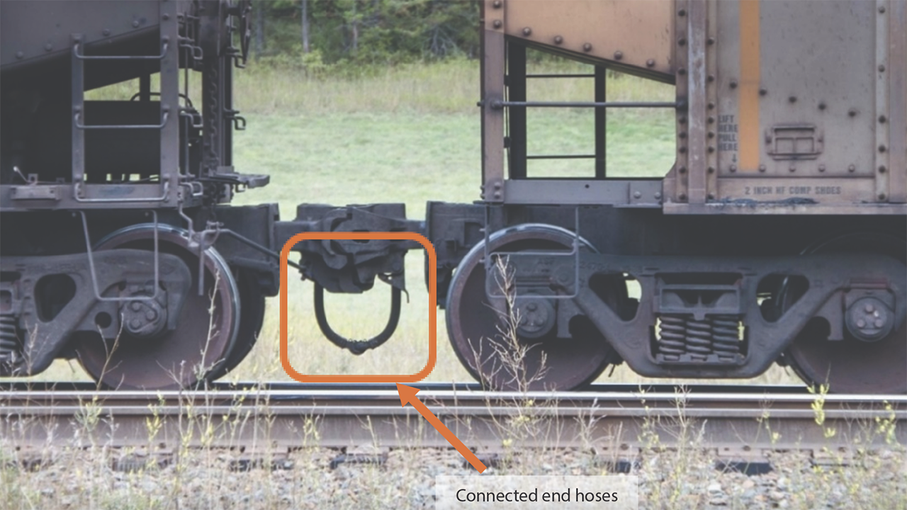 Coupled railcars and end hoses. (MxV Rail Image)