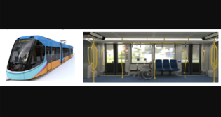Pictured: Renderings (exterior and interior) of streetcars for operation on the 3.2-mile, 16-stop Omaha Streetcar system, which is scheduled for launch in 2027. (Provided by the Omaha Streetcar Authority, courtesy of CAF; final design, including color scheme, is not complete.)