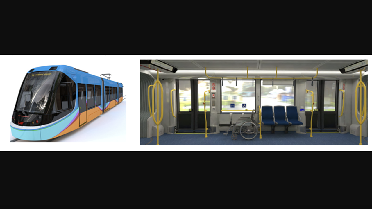 Pictured: Renderings (exterior and interior) of streetcars for operation on the 3.2-mile, 16-stop Omaha Streetcar system, which is scheduled for launch in 2027. (Provided by the Omaha Streetcar Authority, courtesy of CAF; final design, including color scheme, is not complete.)