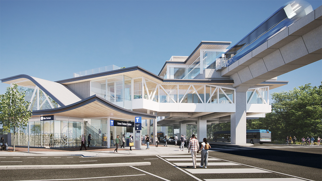 The Surrey Langley project will extend SkyTrain’s Expo Line nearly 10 miles and include eight stations. (Rendering Courtesy of the Province of British Columbia)
