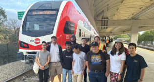 “First Electric service train has departed, these were the bold explorers who ventured with us,” Caltrain reported on social media platform X at 10:20 a.m. on Aug. 11. (Caltrain Photograph)
