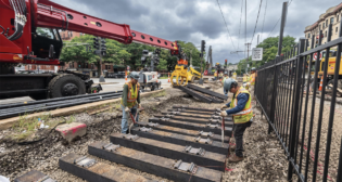 MBTA crews and contractors earlier this month replaced track and ties along the Green Line B Branch. (Photograph Courtesy of MBTA Customer and Employee Experience Department)