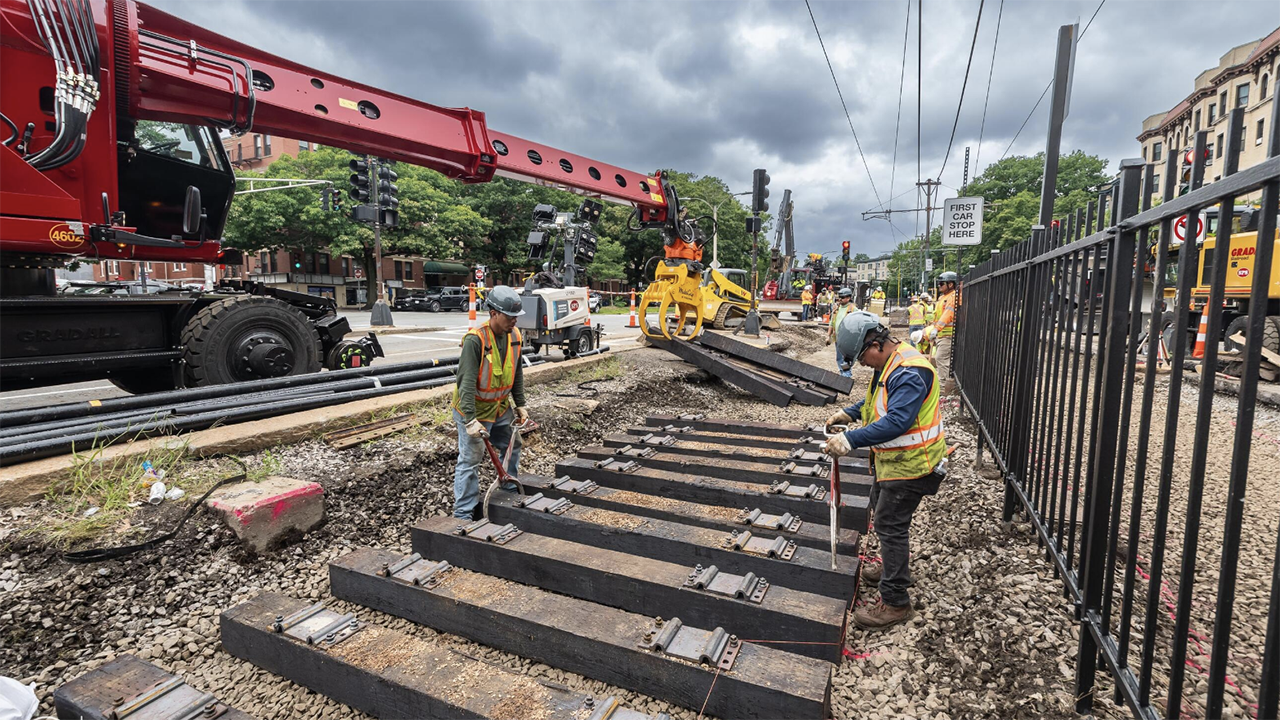 MBTA crews and contractors earlier this month replaced track and ties along the Green Line B Branch. (Photograph Courtesy of MBTA Customer and Employee Experience Department)