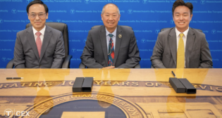 MBTA CEO and General Manager Phillip Eng (center) on Aug. 14 signed an agreement with Hyundai Rotem CEO Yong Bae Lee (left) and Hyundai Rotem USA President Steve (Sung Hoon) Kang for 41 more Commuter Rail cars. (MBTA Photograph)