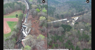 Aerial view of the first derailment site (left) and the second derailment site (right). (NS Image, Courtesy of NTSB)​