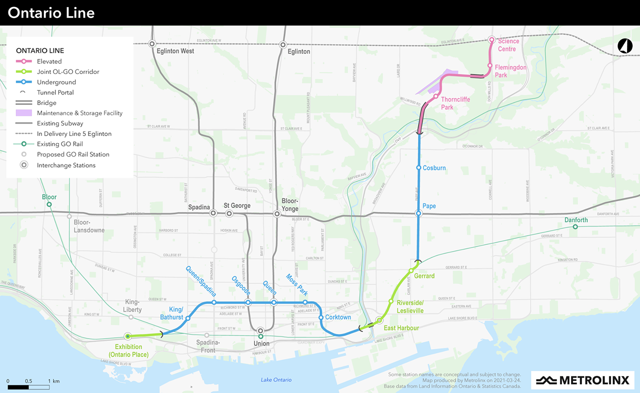 Work has officially begun along all parts of the 9.7-mile (15.6-kilometer), 15-station Ontario Line subway, which will run from Exhibition Place through the downtown core and connect to the Eglinton Crosstown LRT at Don Mills Road. (Map Courtesy of Metrolinx)