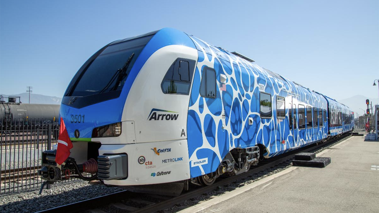 SBCTA’s ZEMU (Zero-Emission Multiple Unit) from Stadler arrived in San Bernardino County, Calif., on June 20. (SBCTA Photograph)