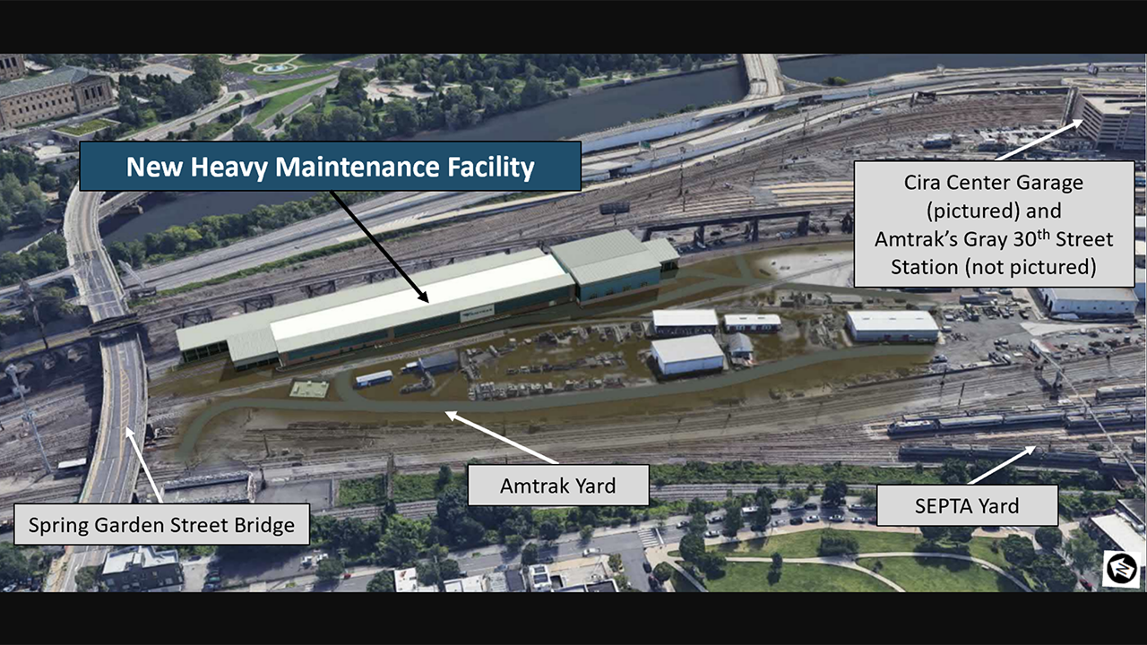 Rendering of Amtrak’s new 350,000 square-foot heavy maintenance facility at Penn Coach Yard in Philadelphia, Pa. (Courtesy of Amtrak)