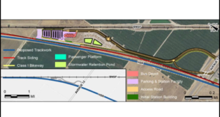 The Madera High-Speed Rail Station Project involves designing and constructing the Madera Station in California through improvements at the relocated Madera Amtrak Station location. These include new platforms, trackwork, an overhead contact system, a bus depot, expanded auto parking, an access roadway network, a multi-use path, and a station building. (Image Courtesy of USDOT)