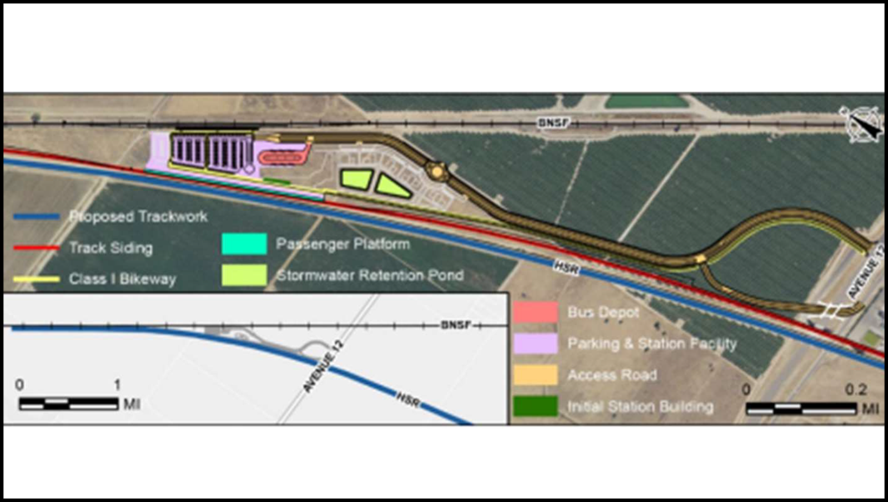 The Madera High-Speed Rail Station Project involves designing and constructing the Madera Station in California through improvements at the relocated Madera Amtrak Station location. These include new platforms, trackwork, an overhead contact system, a bus depot, expanded auto parking, an access roadway network, a multi-use path, and a station building. (Image Courtesy of USDOT)