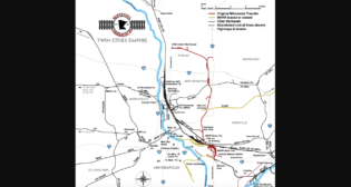 Minnesota Commercial Railway’s (MNRR) 86-mile network stretches from the City of Hugo on the far north to South Minneapolis on the south. It serves more than 80 customers. (Map Courtesy of MNNR)