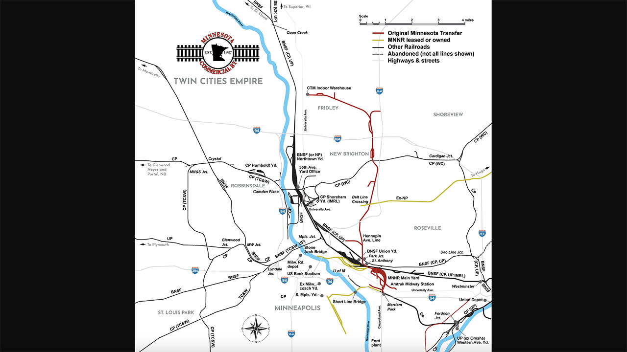 Minnesota Commercial Railway’s (MNRR) 86-mile network stretches from the City of Hugo on the far north to South Minneapolis on the south. It serves more than 80 customers. (Map Courtesy of MNNR)