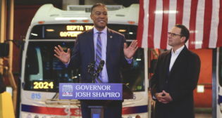 Pictured: SEPTA Board Chair Kenneth E. Lawrence Jr. (left) with Pennsylvania Gov. Josh Shapiro, during the Nov. 22 announcement that Shapiro would direct PennDOT Secretary Mike Carroll to begin the process of flexing $153 million of federal highway capital funds to SEPTA. (SEPTA Photograph)
