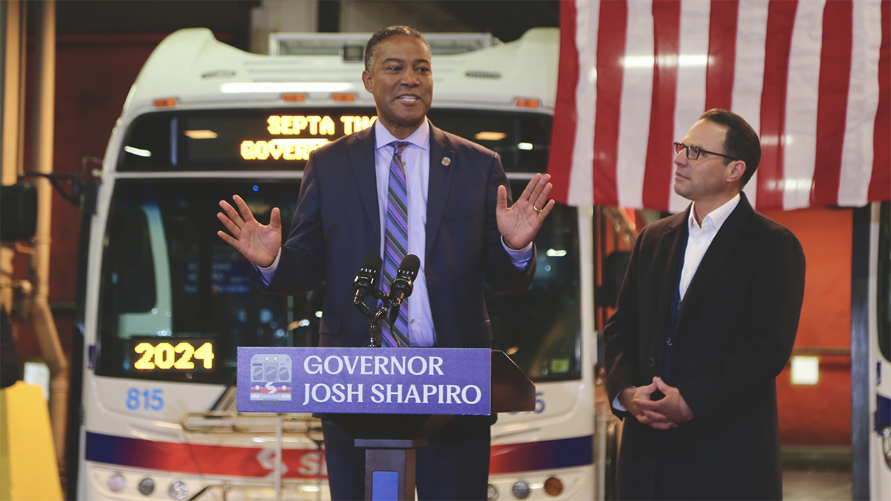 Pictured: SEPTA Board Chair Kenneth E. Lawrence Jr. (left) with Pennsylvania Gov. Josh Shapiro, during the Nov. 22 announcement that Shapiro would direct PennDOT Secretary Mike Carroll to begin the process of flexing $153 million of federal highway capital funds to SEPTA. (SEPTA Photograph)