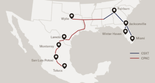 U.S. Southeast - Mexico cross-border intermodal service map, courtesy of Schneider.