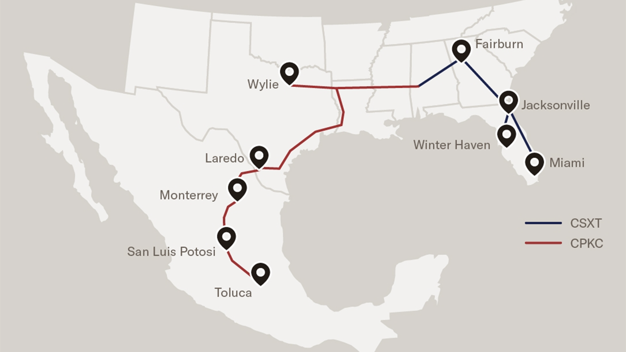 U.S. Southeast - Mexico cross-border intermodal service map, courtesy of Schneider.
