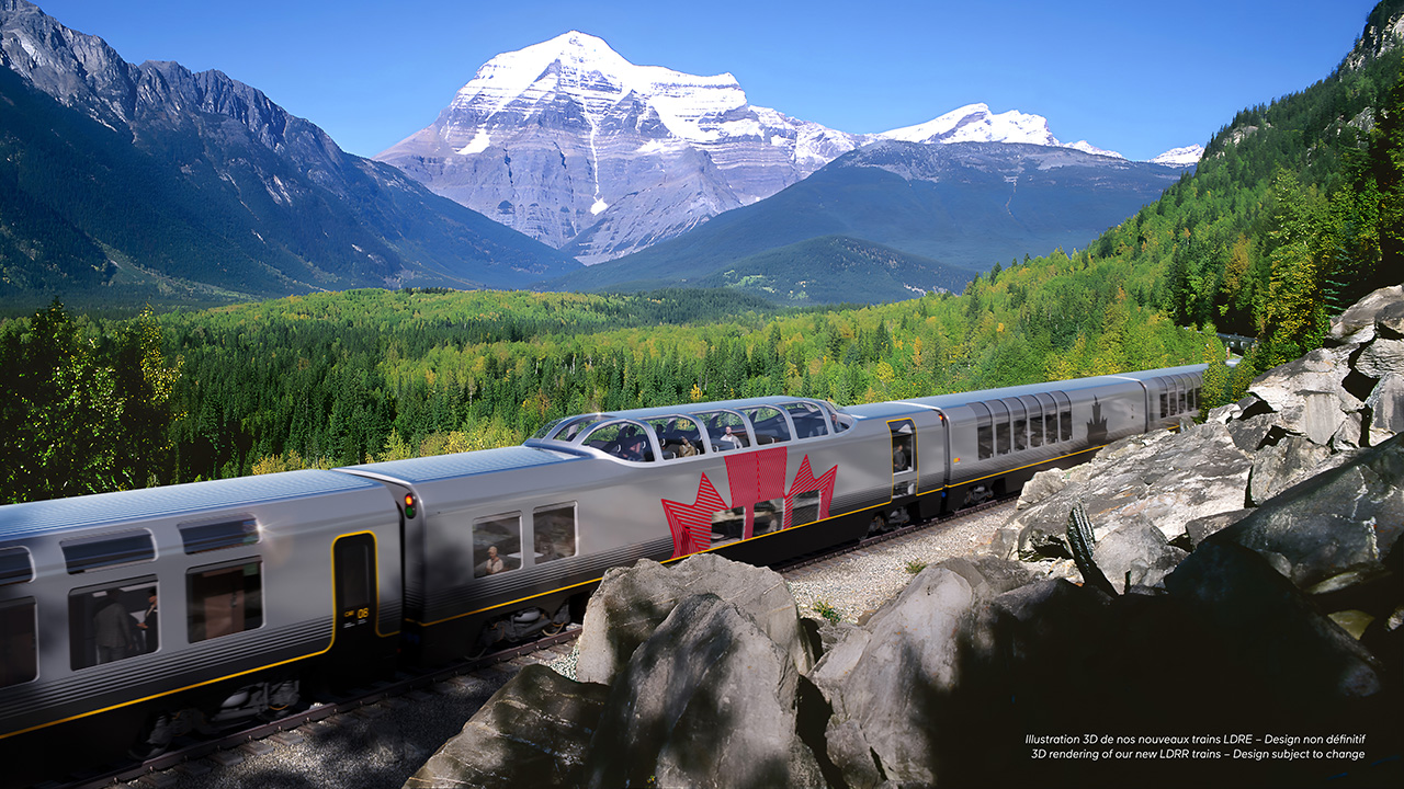 VIA Rail Canada released this rendering of the locomotives and cars that will be acquired to replace the current “pan-Canadian” fleet that runs outside the Québec City–Windsor corridor. (Rendering Courtesy of VIA Rail)