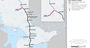 A map of the proposed route for Northlander passenger rail service showing stops at Union Station (Toronto), Langstaff, Gormley, Washago, Gravenhurst, Bracebridge, Huntsville, South River, North Bay, Temagami, Timiskaming Shores, Englehart, Kirkland Lake, Matheson, and Timmins (South Porcupine), with a rail connection to Cochrane. (Courtesy of Ontario Government)