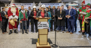 Massachusetts Gov. Maura Healey, Lt. Gov. Kim Driscoll and MBTA General Manager Phillip Eng joined MBTA workers and riders at Boston’s North Station to celebrate the completion of the T’s Track Improvement Program and the removal of slow zones for the first time in 20 years. (Photograph Courtesy of MBTA)