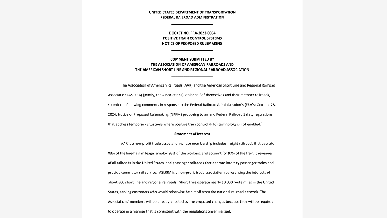 (Image of AAR, ASLRRA Comments to FRA Courtesy of ASLRRA)