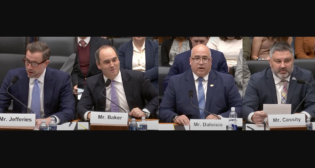 The Railroads, Pipelines, and Hazardous Materials Subcommittee’s Jan. 23 hearing included testimony from (left to right) Ian Jefferies, President and CEO, of the Association of American Railroads; Chuck Baker, President of the American Short Line and Regional Railroad Association; Joe Daloisio, Chairman of the National Railroad Construction & Maintenance Association (NRC); and Jared Cassity, Alternate National Safety and Legislative Director of SMART-TD. (Screen Grabs from Hearing Video)