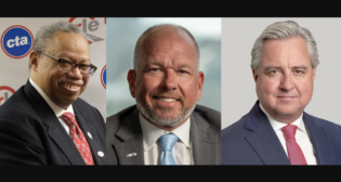 Dorval R. Carter Jr., outgoing President of Chicago Transit Authority (left); Mike Smith, HNTB Corporation; and Marc Brazeau, outgoing President and CEO of Railway Association of Canada (right). (Photographs Courtesy of the Respective Organizations)
