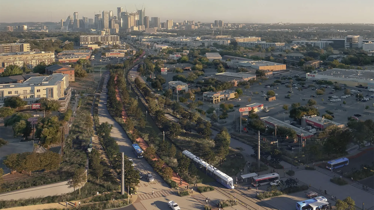 ATP has released a request for information for industry feedback on the draft solicitation and contract seeking final design and construction services related to the Austin Light Rail project’s transitway, tracks, systems, stations, bridges, traffic signals, utilities, drainage structures and streetscape. (ATP Rendering)