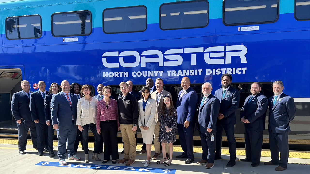 “Today, NCTD kicked off the COASTER 30th Anniversary celebration with the launch of new passenger cars!” the agency reported Feb. 21 on Facebook. “NCTD CEO Shawn M Donaghy, Board Chair Dr. Priya Bhat-Patel, Representative Mike Levin, and other regional leaders hosted a press conference to talk about the many benefits of the COASTER. NCTD is thankful for the employees and riders who have supported us along the way! And stay tuned – a new PRONTO COASTER card will be released soon at all TVMs and Customer Service locations!” (NCTD Photograph)
