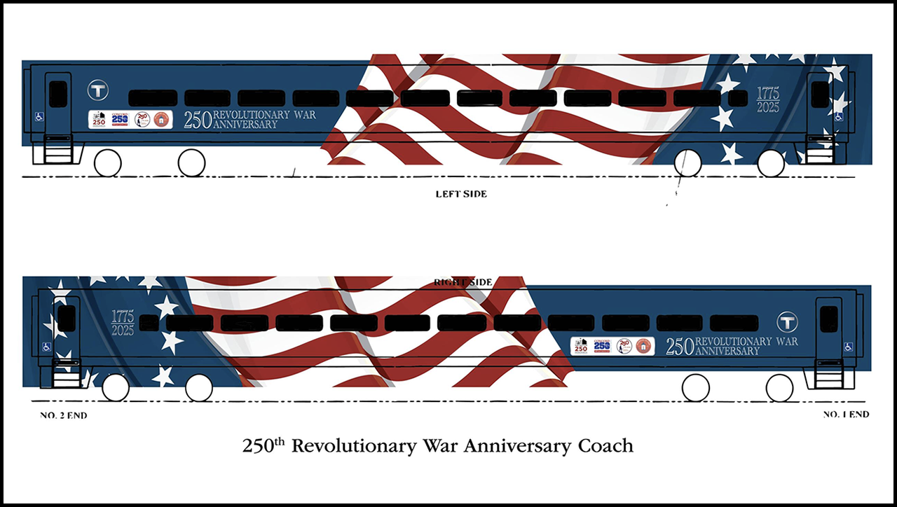 MBTA is adjusting commuter rail and bus service on April 19-20 for celebrations in Massachusetts marking the 250th anniversary of the start of the American Revolution. It provided the rendering above of special commuter railcar wraps.
