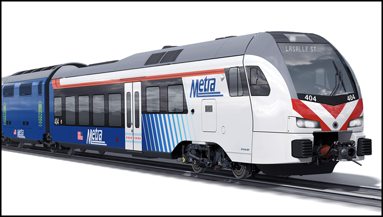 Chicago’s Metra has selected STV to support its procurement of eight two-car, battery-electric trainsets from Stadler. (Stadler Rendering, Courtesy of STV)